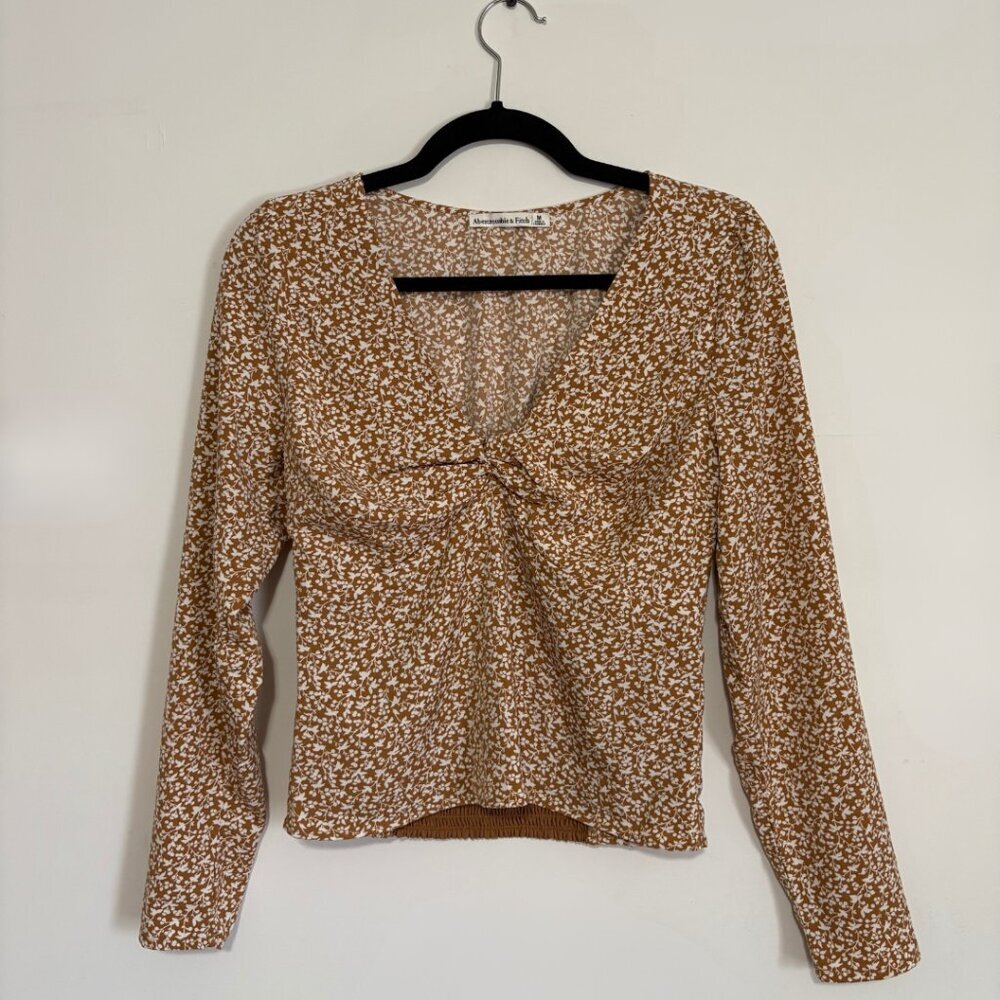 Abercrombie & Fitch Brown Floral Pattern V-Neck Long Sleeve Blouse - Size Medium